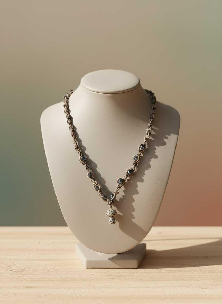 Handmade Hemp Necklace with Glass Mushroom Bead | Tan & Black Boho Cord Necklace | Nature Inspired Jewelry Gift