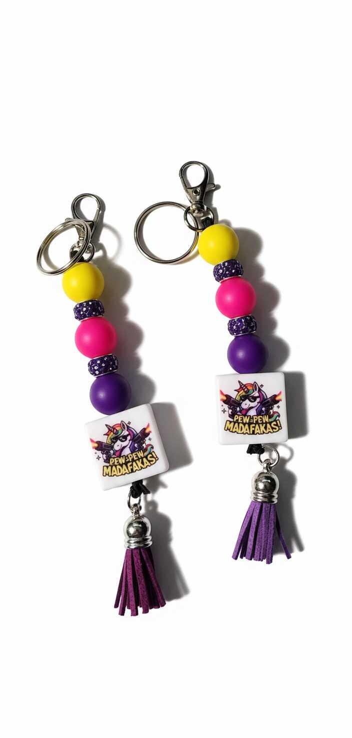 Pew Madafacka Unicorn Keychain – Funny Magical Beaded Charm with Savage Attitude