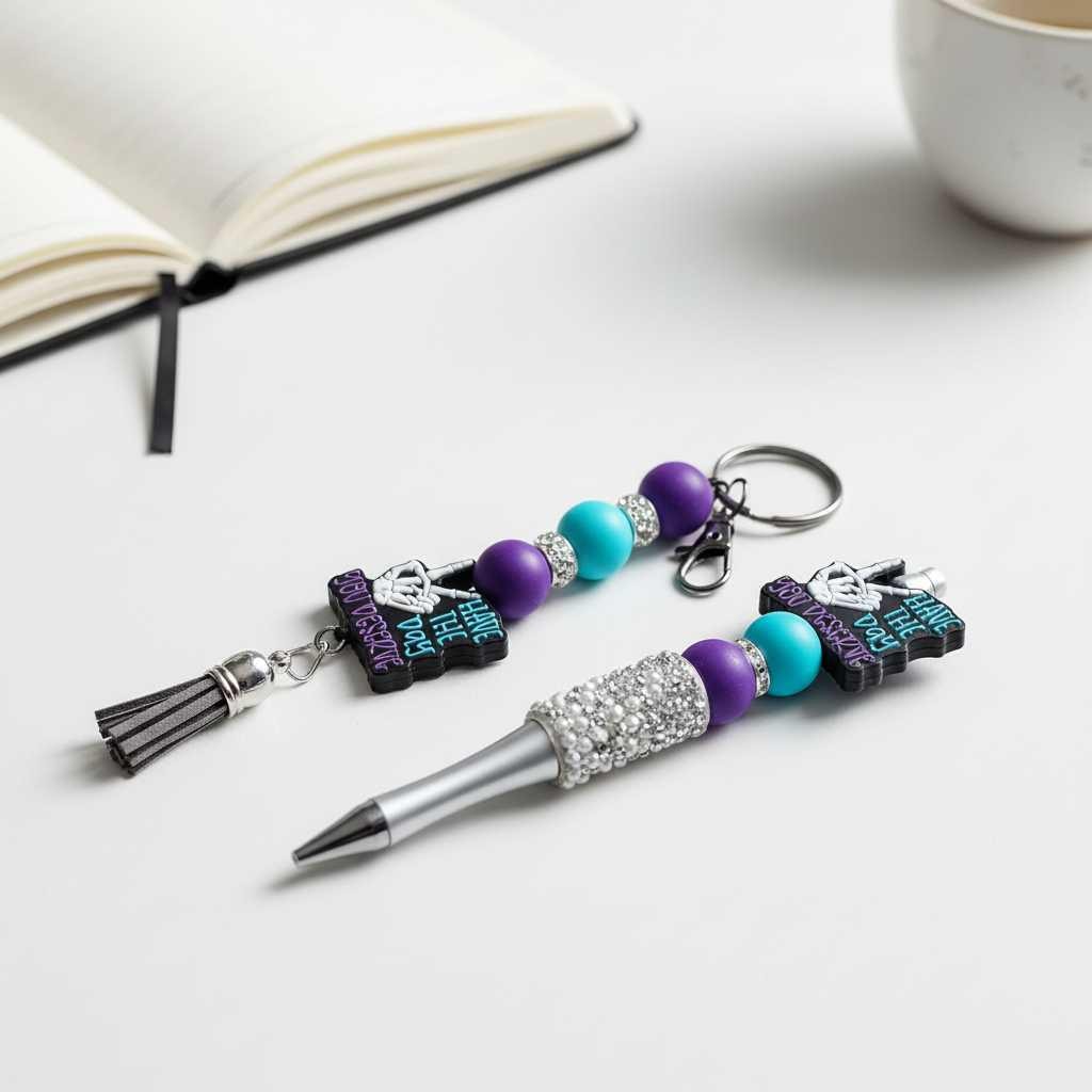 Purple and Blue Beaded Pen & Keychain Gift Set