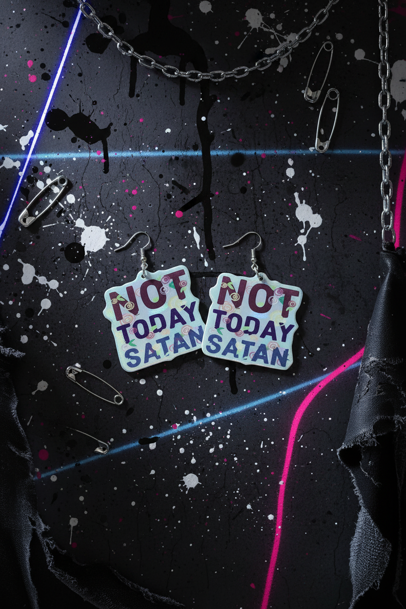 White Pink and Blue Not Today Satan Earrings: Handmade Gothic Witchy Jewelry