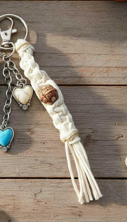 Handmade Hemp Mini Keychain with Tassel & Charms | Boho Eco-Friendly Bag Charm