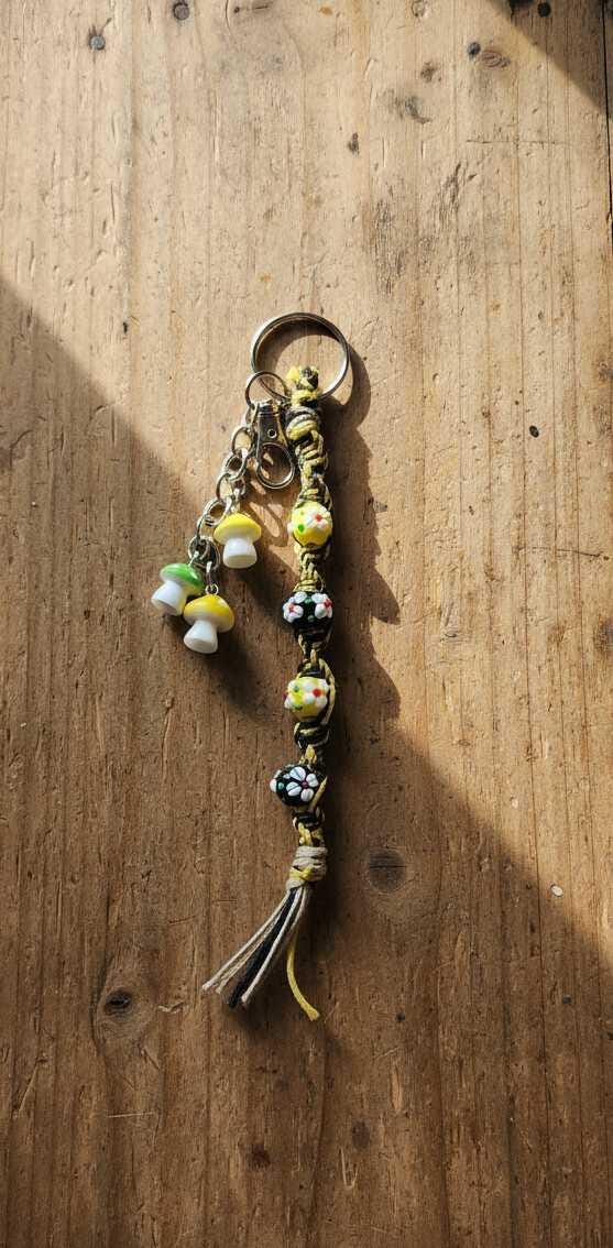 Mushroom Hemp Keychain | Boho Flower Beaded Keychain | Cottagecore Bag Charm | Handmade Glass Bead Keyring | Nature Lover Gift