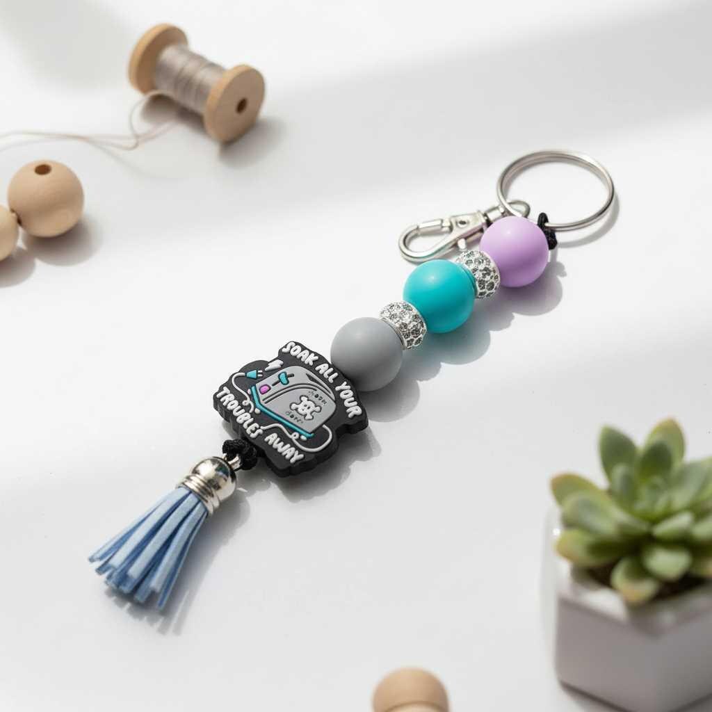 Gray Purple and blue Toaster Soak All Your Troubles Away Beaded Keychain