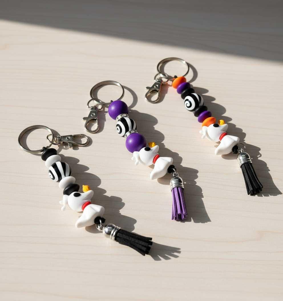 Ghost Dog Beaded Keychain | Handmade Spooky Keychain | Cute Halloween Bag Charm | Gothic Keychain Accessory | Gift for Halloween Lovers