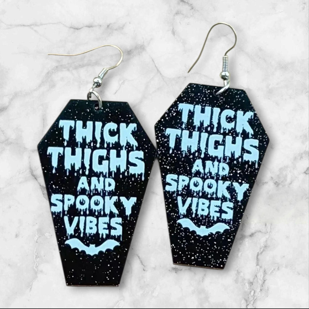 Coffin Halloween Earrings: Thick Thighs Spooky Vibes, Black Acrylic