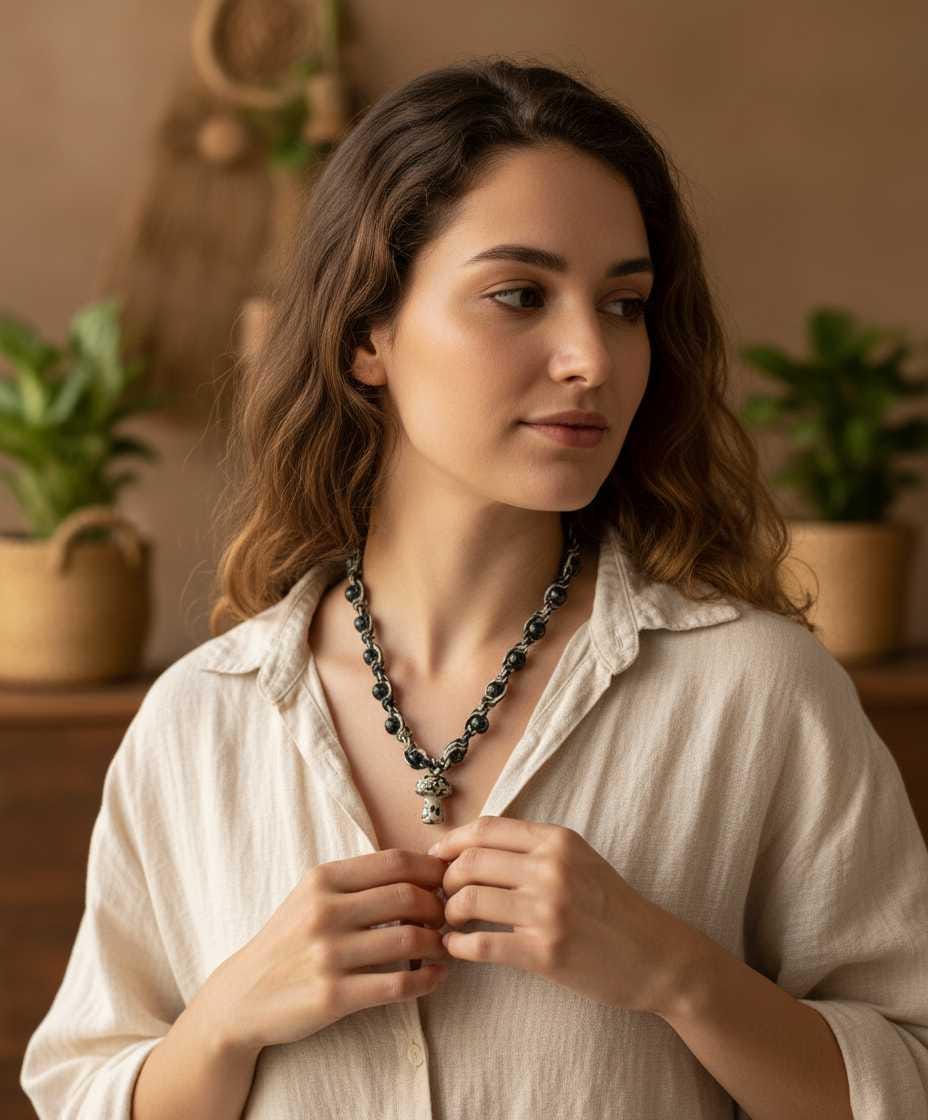 Handmade Hemp Necklace with Glass Mushroom Bead | Tan & Black Boho Cord Necklace | Nature Inspired Jewelry Gift