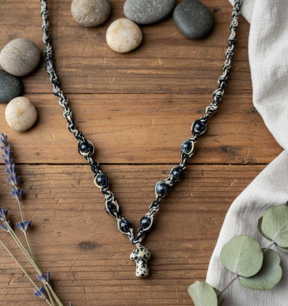 Handmade Hemp Necklace with Glass Mushroom Bead | Tan & Black Boho Cord Necklace | Nature Inspired Jewelry Gift