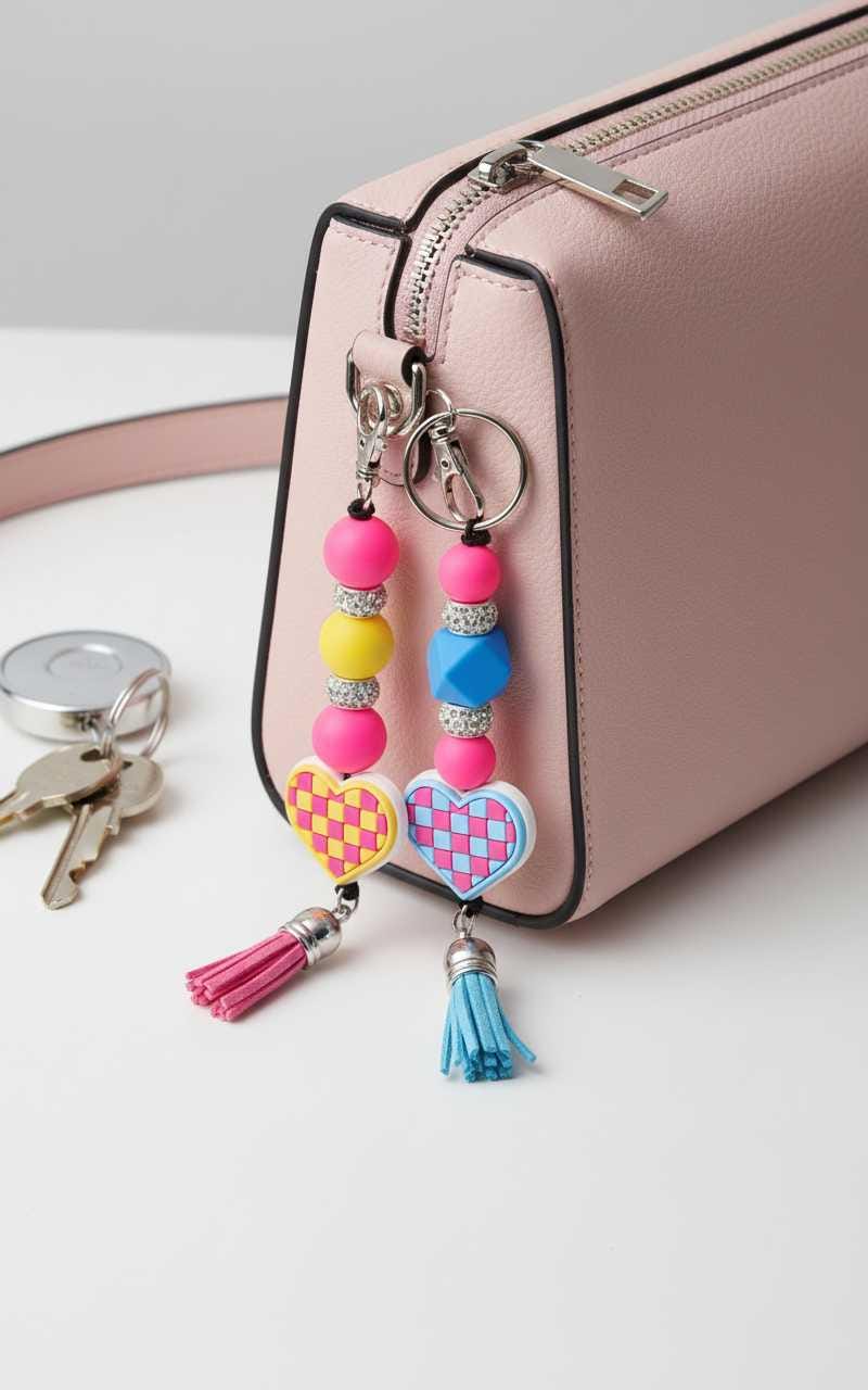 Checkered Heart Beaded Keychain | Handmade Retro Keychain | Cute Backpack & Purse Charm Gift
