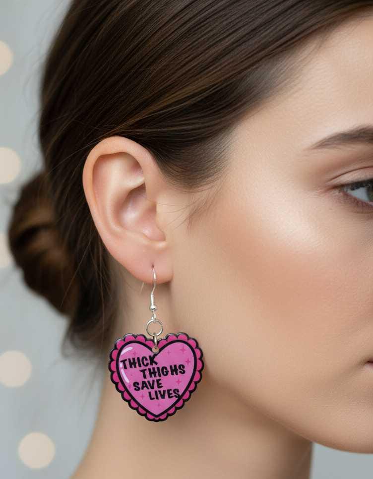 Thick Thighs Save Lives Heart Dangle Earrings | Funny Body Positive Handmade Statement Jewelry