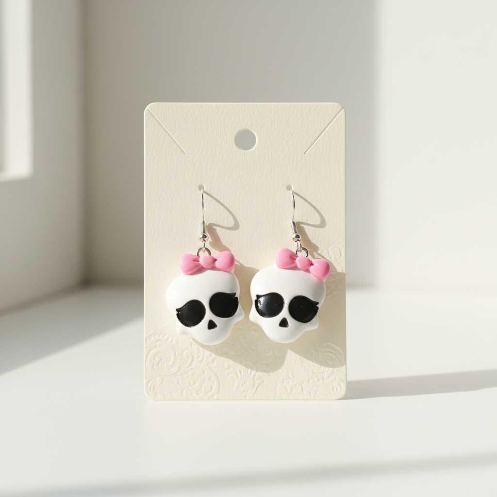 Skull Earrings with Pink Bow – Creepy Goth Jewelry