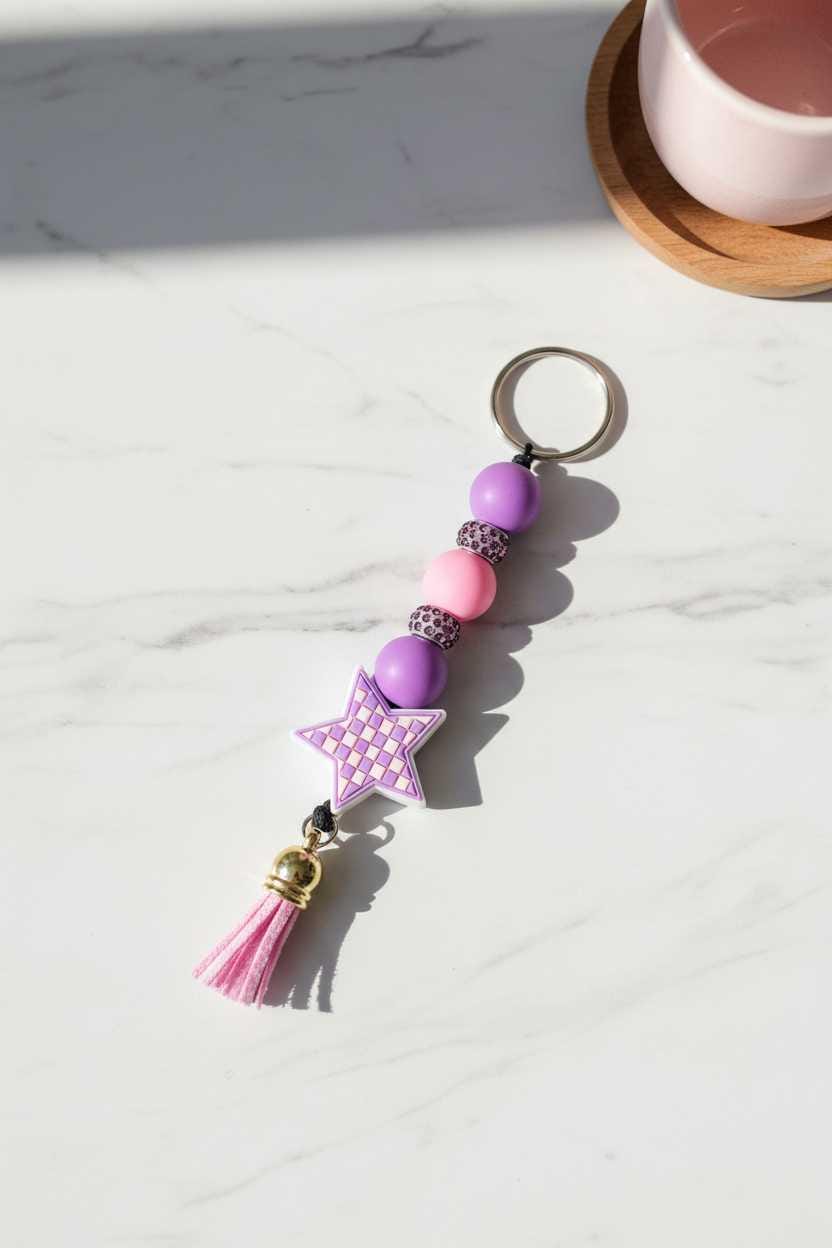 Handmade Multicolor Checkered Star Beaded Keychain | Colorful Purse Charm | Retro Silicone Keychain | Backpack Accessory | Cute Gift for Her