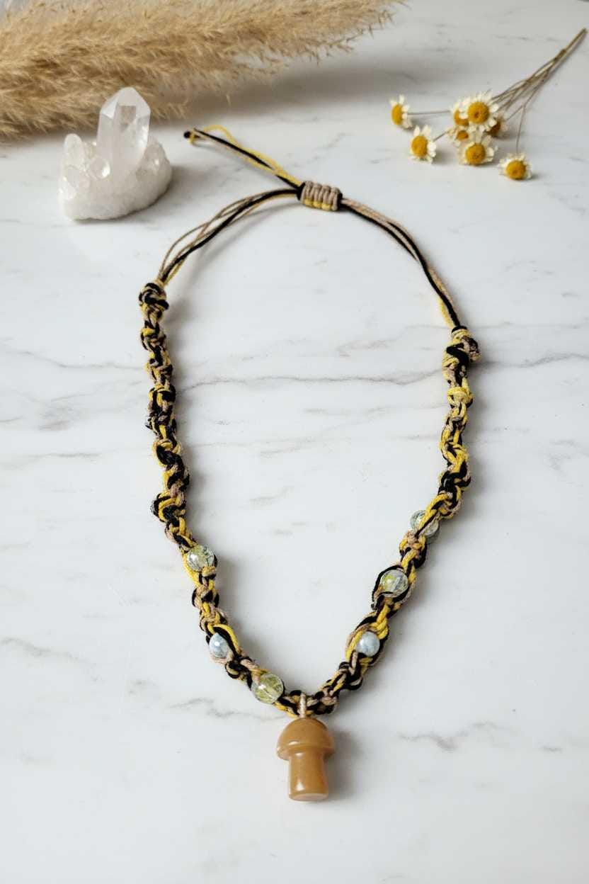 Hemp Necklace with Yellow Mushroom Bead | Boho Cottagecore Nature Jewelry - Hempin Mayhem
