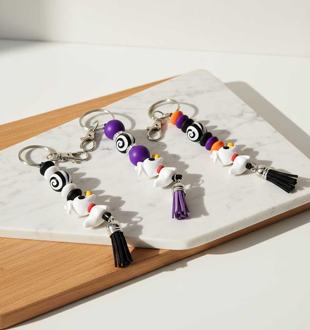 Ghost Dog Beaded Keychain | Handmade Spooky Keychain | Cute Halloween Bag Charm | Gothic Keychain Accessory | Gift for Halloween Lovers