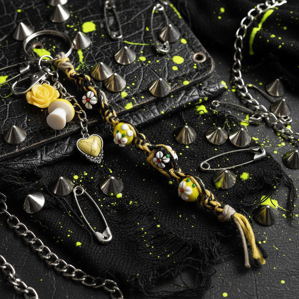 Yellow & White Hemp Keychain with Flower Beads & Mushroom Charms | Cottagecore Boho Bag Charm