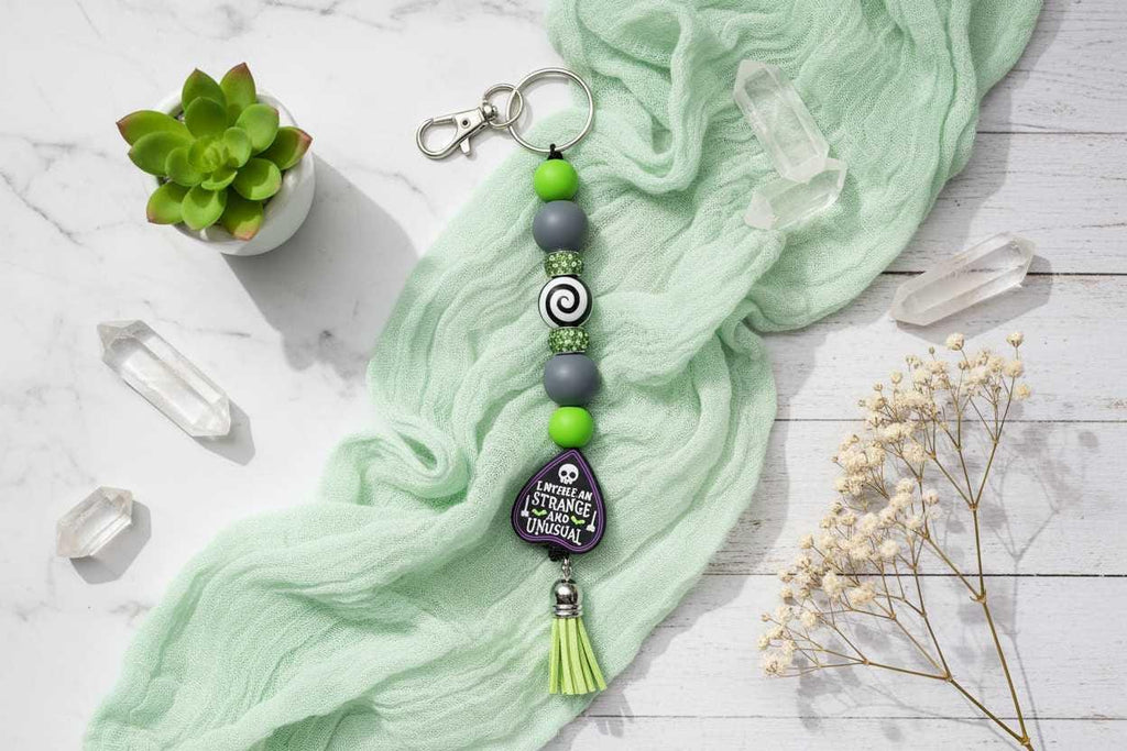 Strange & Unusual Gothic Beaded Keychain | Ouija Planchette Charm | Spooky Keychain | Goth Gift | Creepy Cute Accessory
