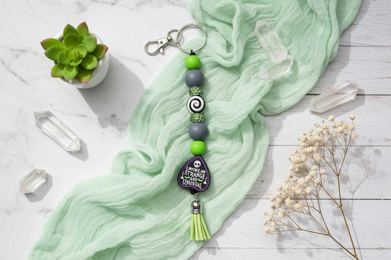 Strange & Unusual Gothic Beaded Keychain | Ouija Planchette Charm | Spooky Keychain | Goth Gift | Creepy Cute Accessory