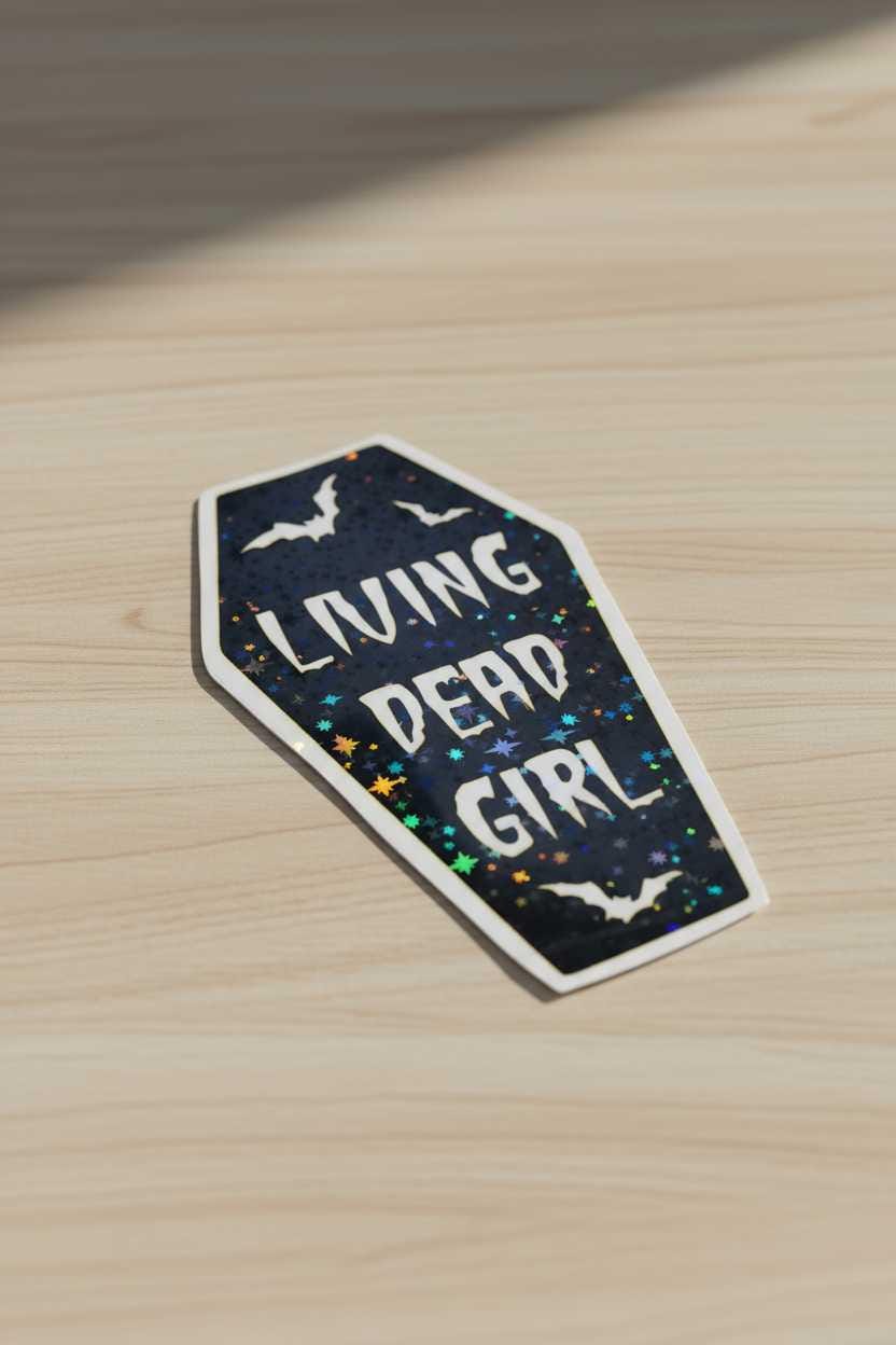 Living Dead Girl Coffin Vinyl Sticker | Gothic Waterproof Coffin Decal | Spooky Halloween Sticker
