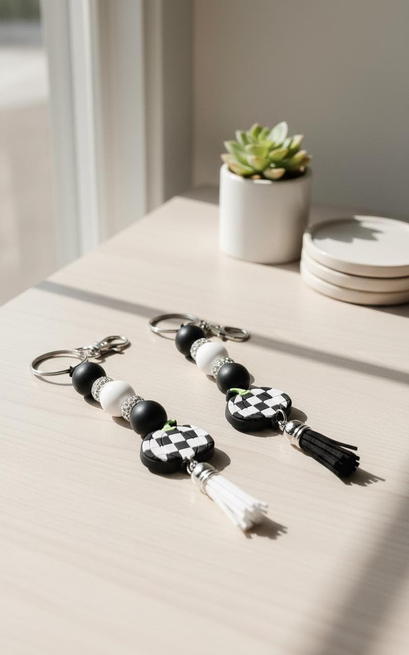 Handmade Black & White Checkered Pumpkin Keychain | Fall Beaded Keychain | Farmhouse Pumpkin Bag Charm | Halloween Key Ring | Autumn Purse Accessory | Cute Pumpkin Gift