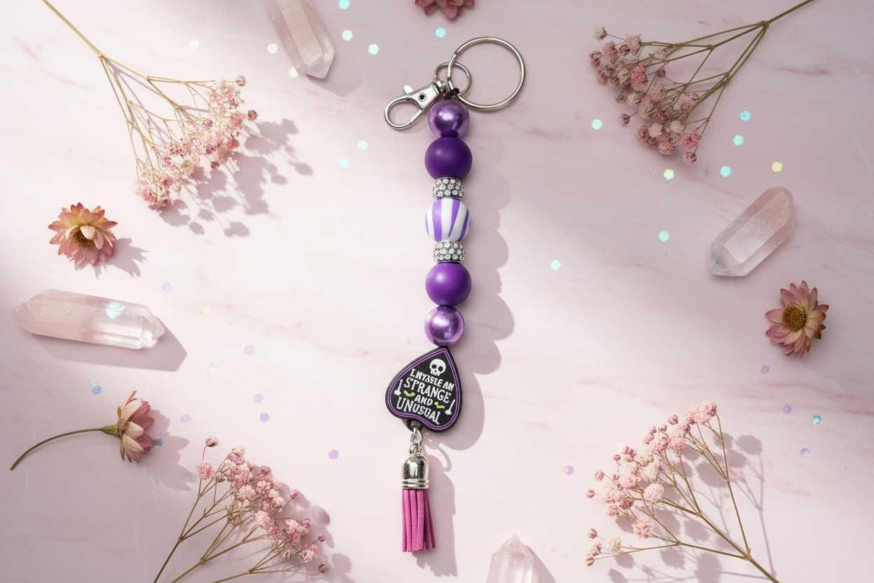 Strange & Unusual Gothic Beaded Keychain | Ouija Planchette Charm | Spooky Keychain | Goth Gift | Creepy Cute Accessory
