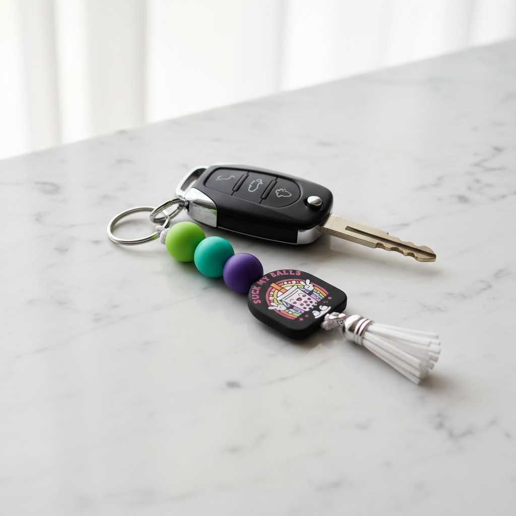 Beaded Keychain – Black Pink & Purple Wristlet Keychain, Funny Bag Charm, Trendy Handmade Accessory Gift