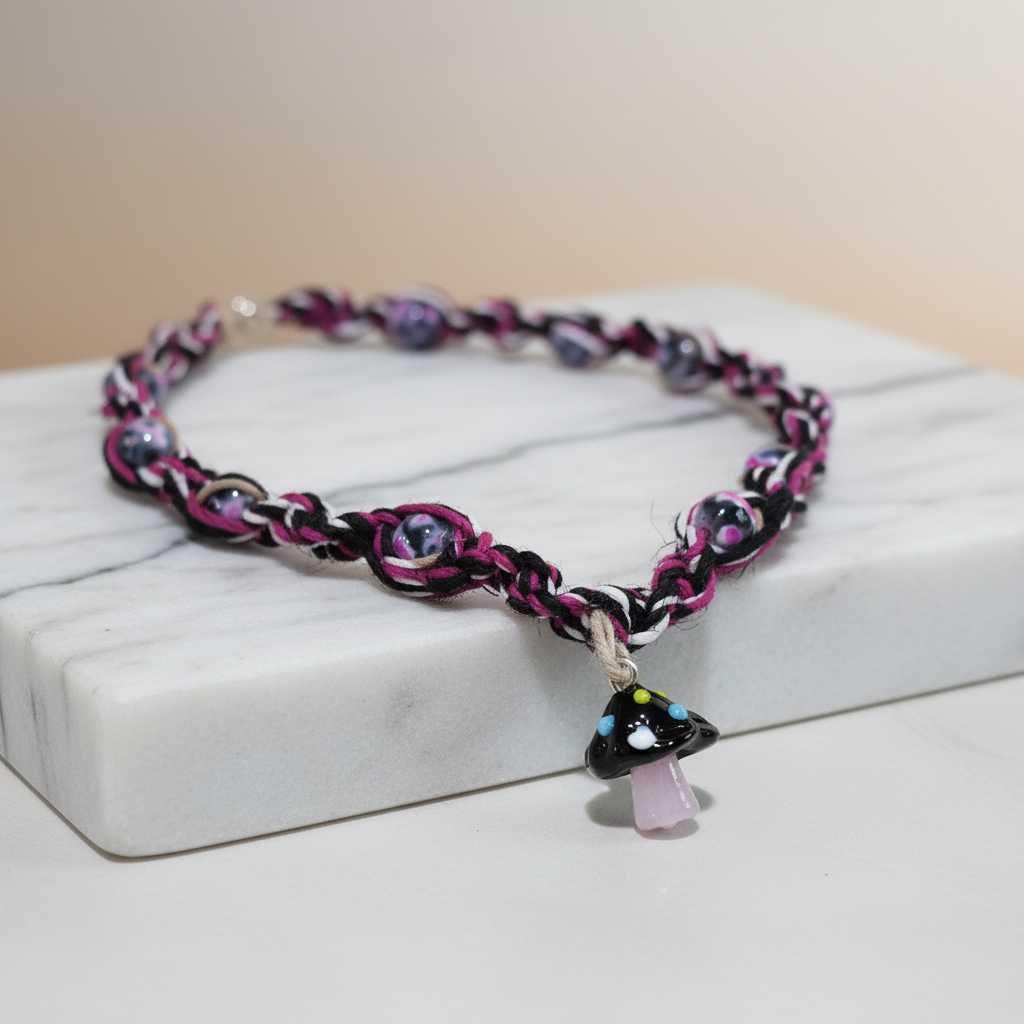 Handmade Hemp Necklace: Black Glass Mushroom Bead
