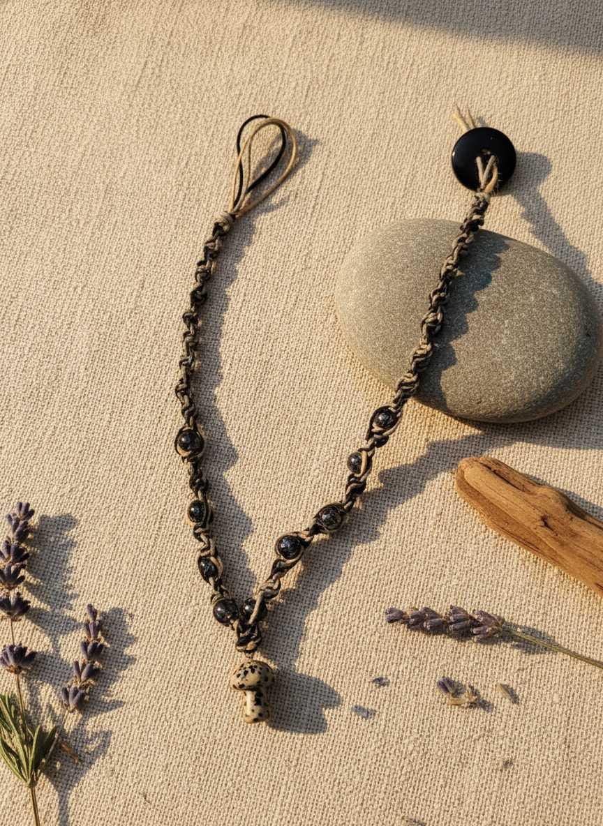 Handmade Hemp Necklace with Glass Mushroom Bead | Tan & Black Boho Cord Necklace | Nature Inspired Jewelry Gift