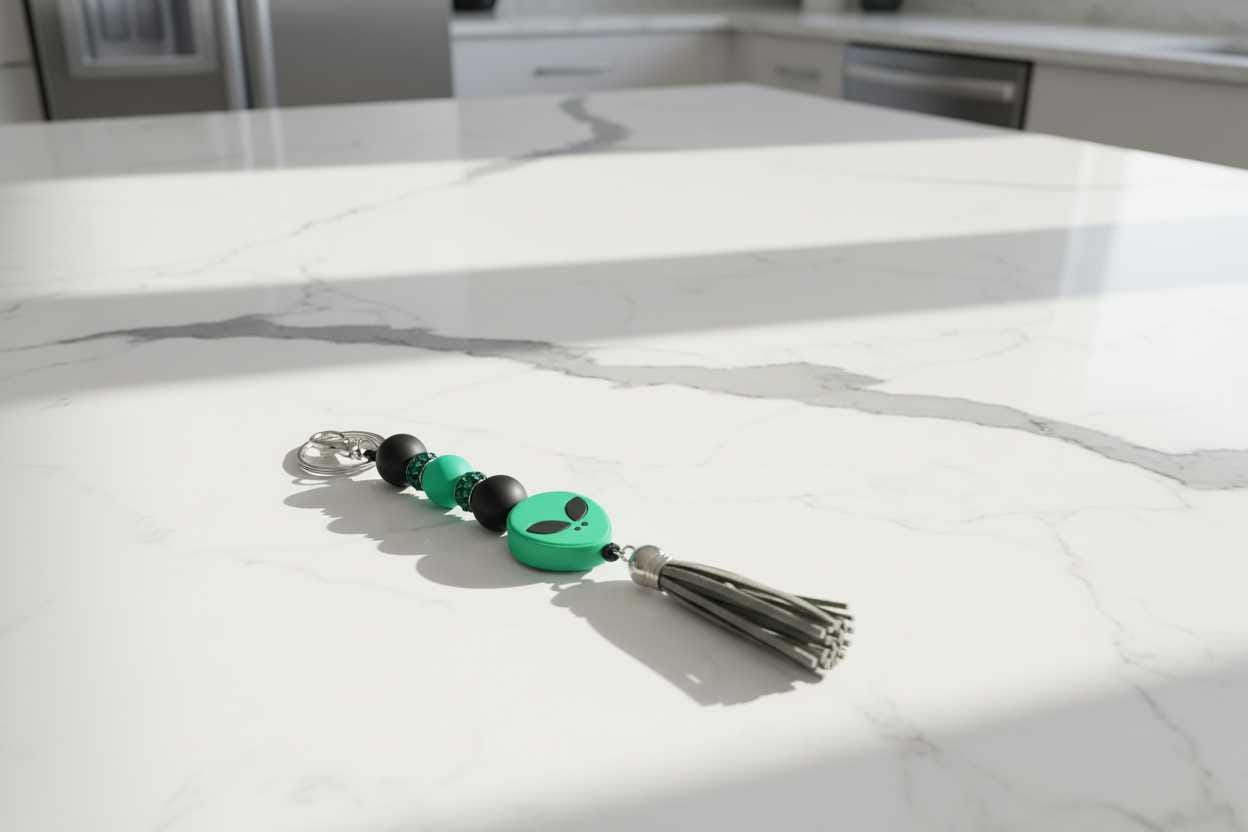 Green and Black Alien Head Keychain: Space Babe Beads, UFO Gift