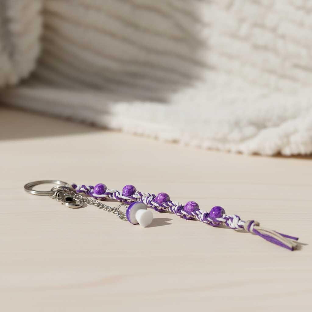 Handmade Hemp Keychain with Purple Mushroom Bead | Boho Beaded Keychain | Cottagecore Bag Charm | Nature Inspired Gift | Glass Bead Keyring