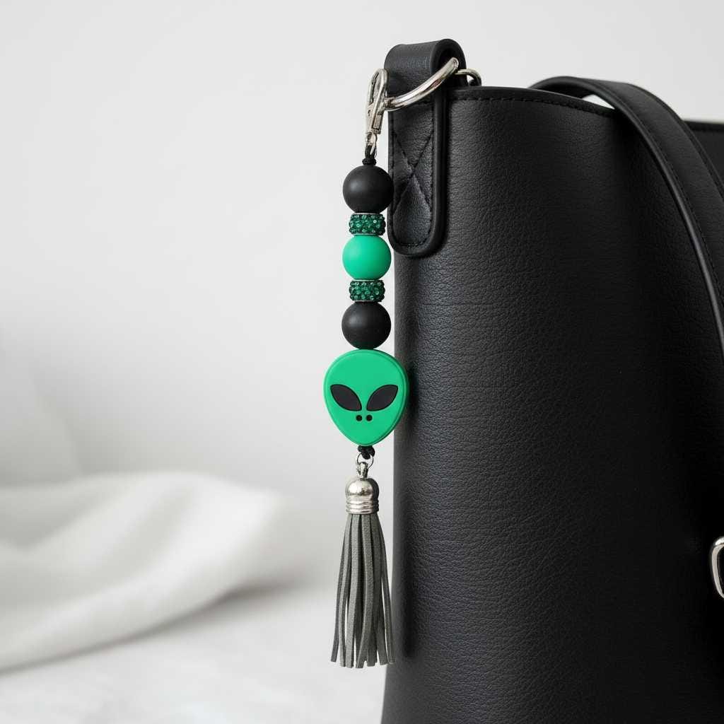 Green and Black Alien Head Keychain: Space Babe Beads, UFO Gift