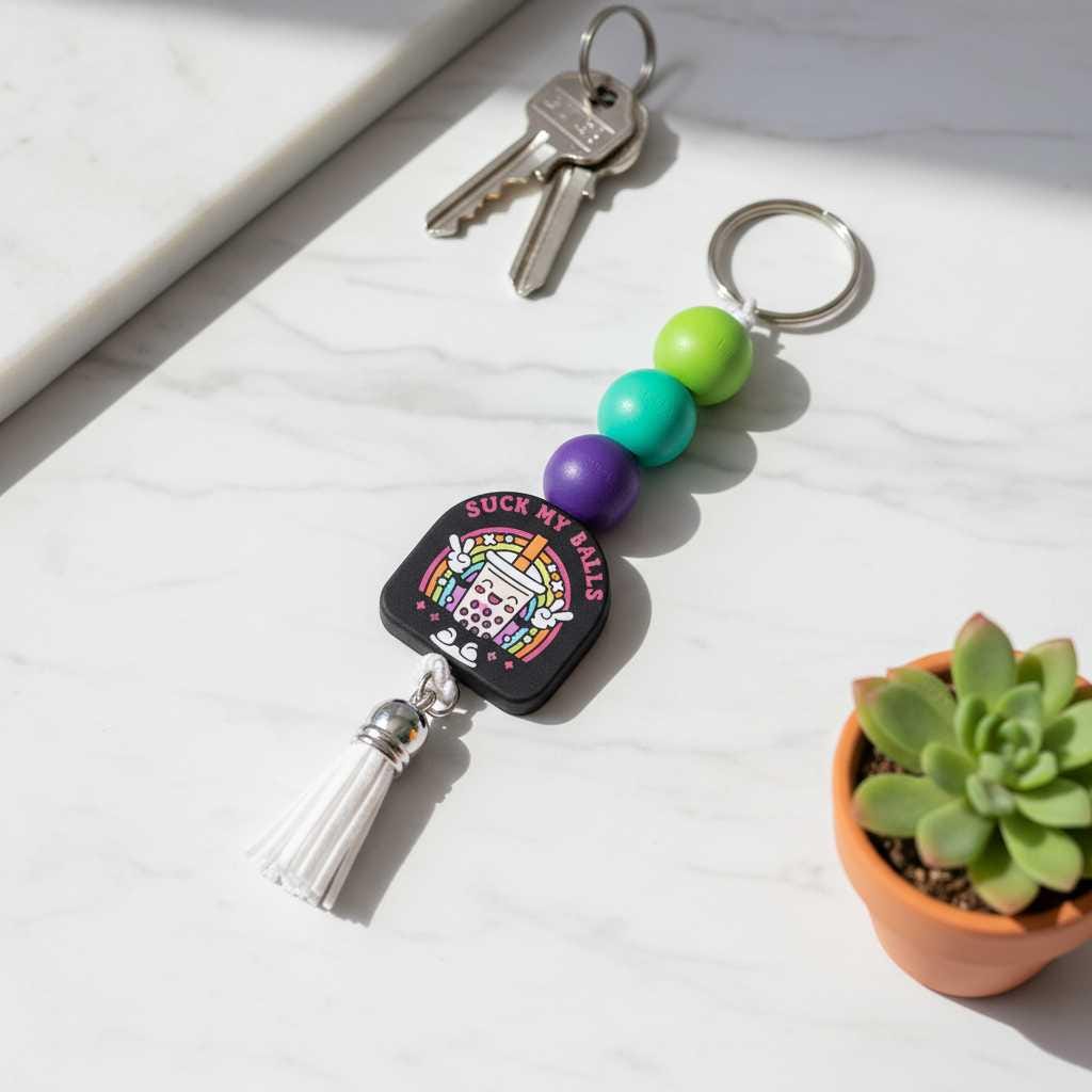 Beaded Keychain – Black Pink & Purple Wristlet Keychain, Funny Bag Charm, Trendy Handmade Accessory Gift