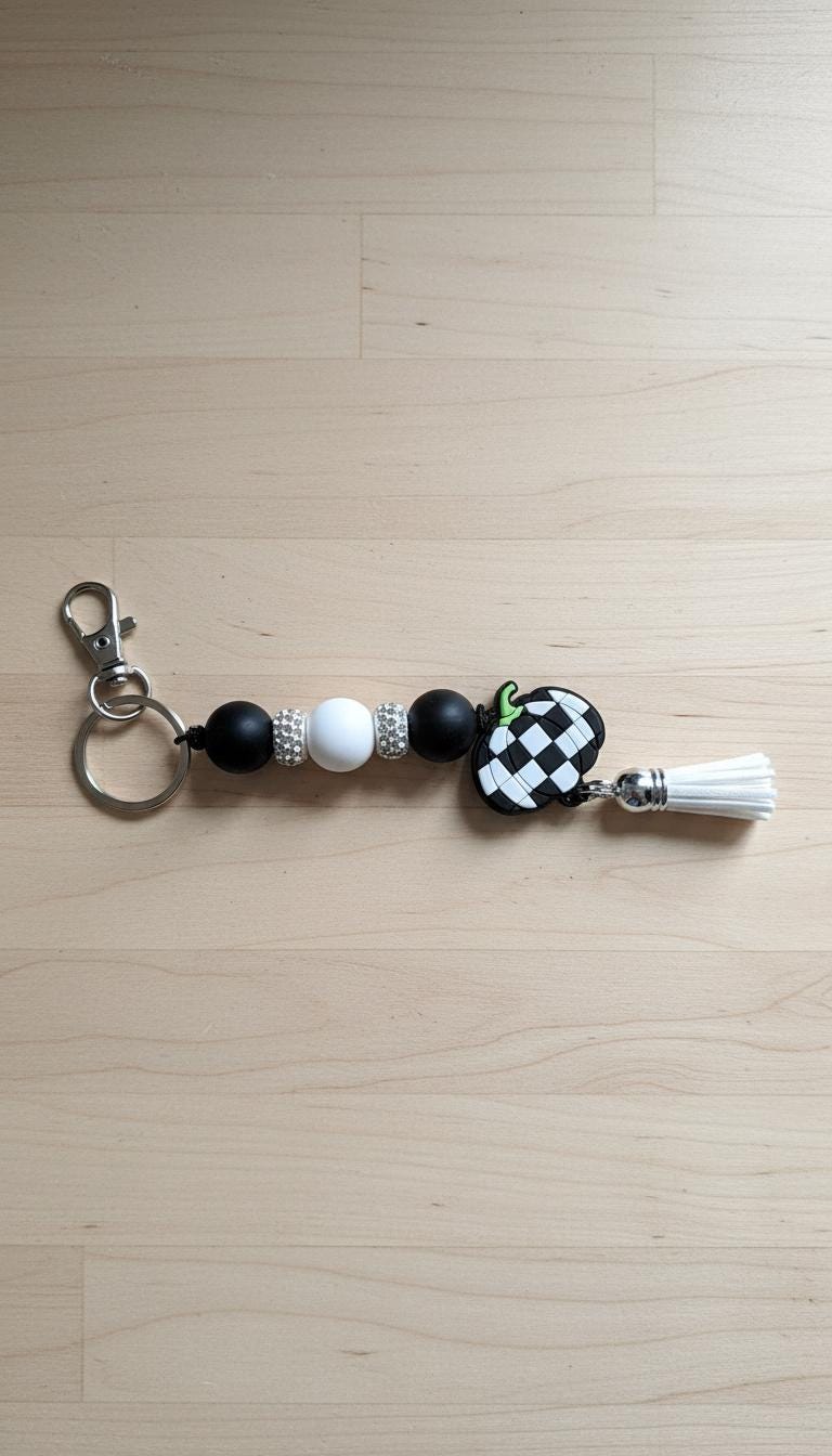 Handmade Black & White Checkered Pumpkin Keychain | Fall Beaded Keychain | Farmhouse Pumpkin Bag Charm | Halloween Key Ring | Autumn Purse Accessory | Cute Pumpkin Gift