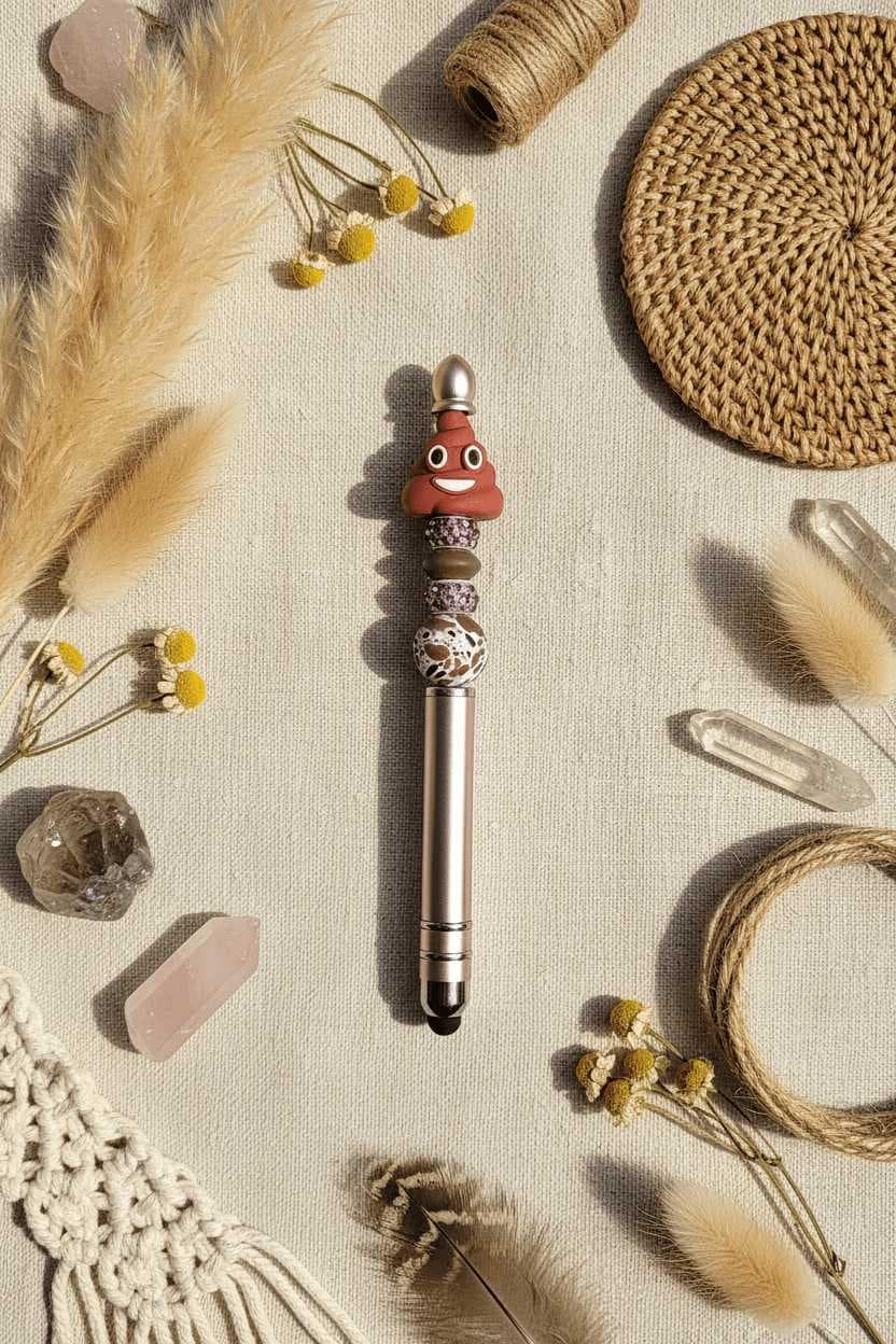 Funny Poop Emoji Gift Set | Handmade Beaded Keychain, Pen & Sticker | Hempin Mayhem
