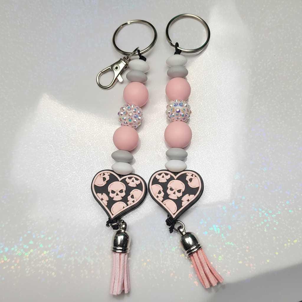 Handmade Pink & Black Skull Heart Beaded Keychain | Cute Goth Keychain | Gothic Purse Charm | Halloween Accessory | Alternative Gift