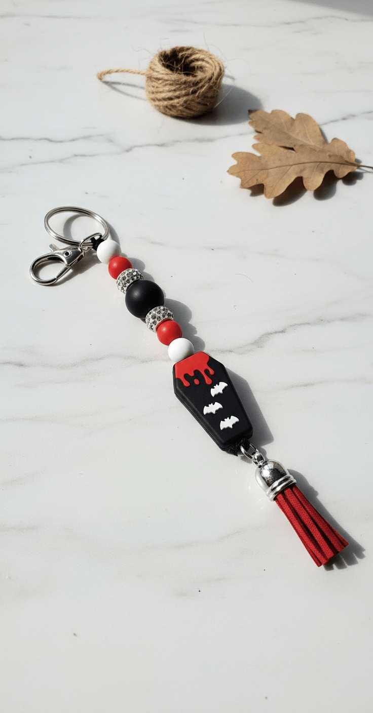 Coffin Cutie Beaded Keychain | Gothic Halloween Keychain | Spooky Cute Bag Charm | Witchy Gift for Her | Creepy Cute Accessory