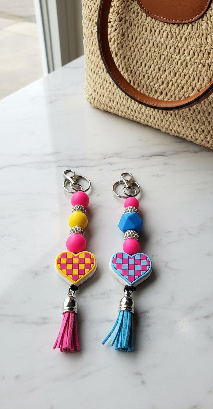 Checkered Heart Beaded Keychain | Handmade Retro Keychain | Cute Backpack & Purse Charm Gift