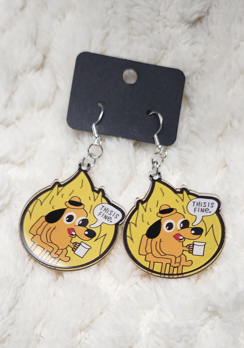 Yellow and Black This Is Fine Dangle Earrings | Funny Meme Accessory| Dumpster Fire Gift