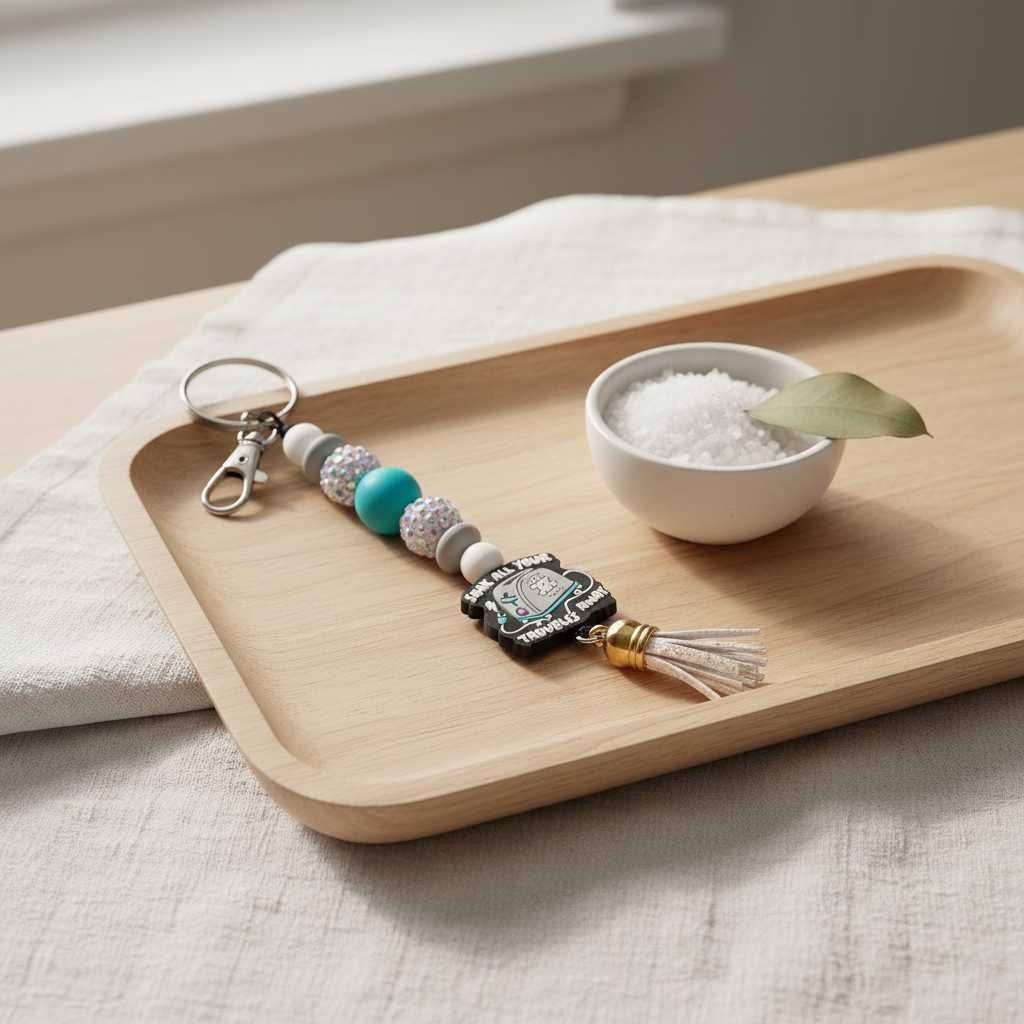Gray Purple and blue Toaster Soak All Your Troubles Away Beaded Keychain