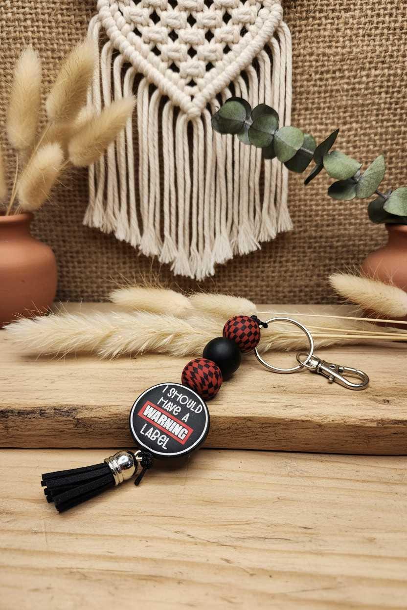 Should Have a Warning Label Beaded Keychain | Funny Keychain | Snarky Gift | Handmade Tassel Keychain | Bag Charm | Purse Accessory
