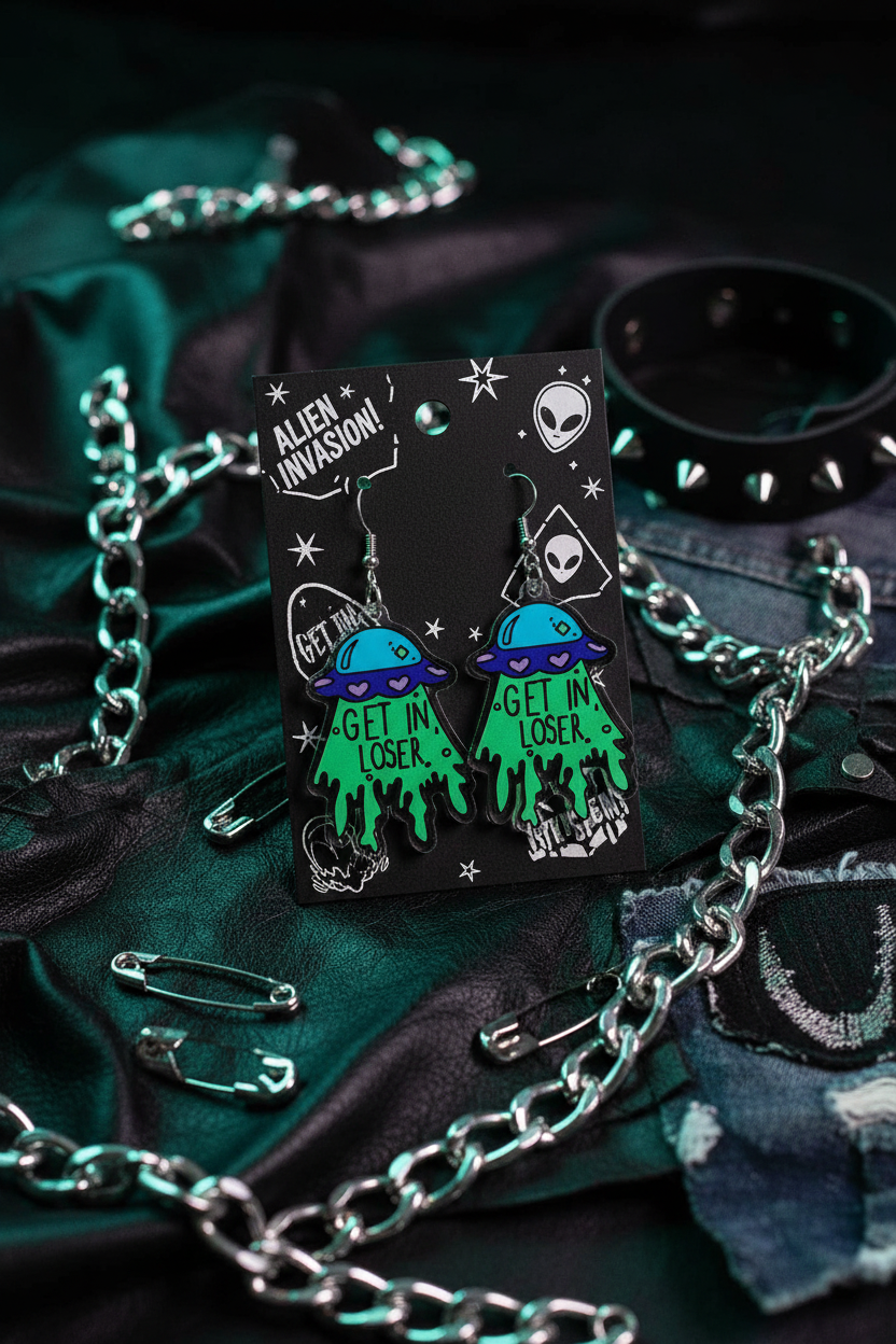 Get In, Loser UFO Earrings | Green & Blue Alien Dangle Earrings