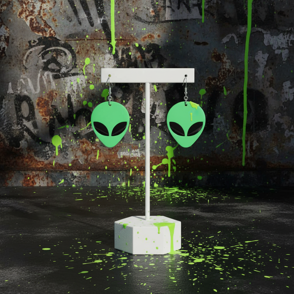 Green Alien Dangle Earrings | Cute Extraterrestrial Statement Earrings