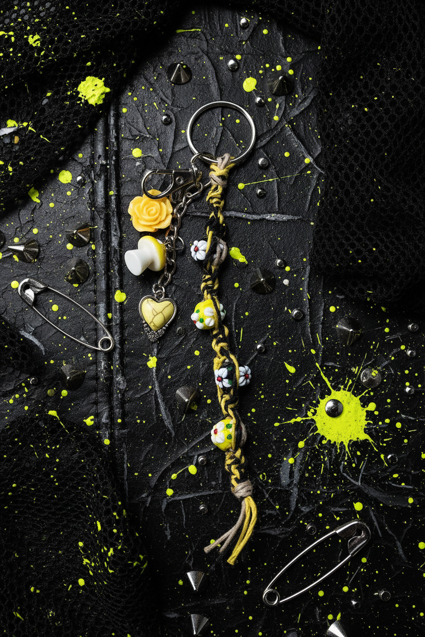 Yellow & White Hemp Keychain with Flower Beads & Mushroom Charms | Cottagecore Boho Bag Charm
