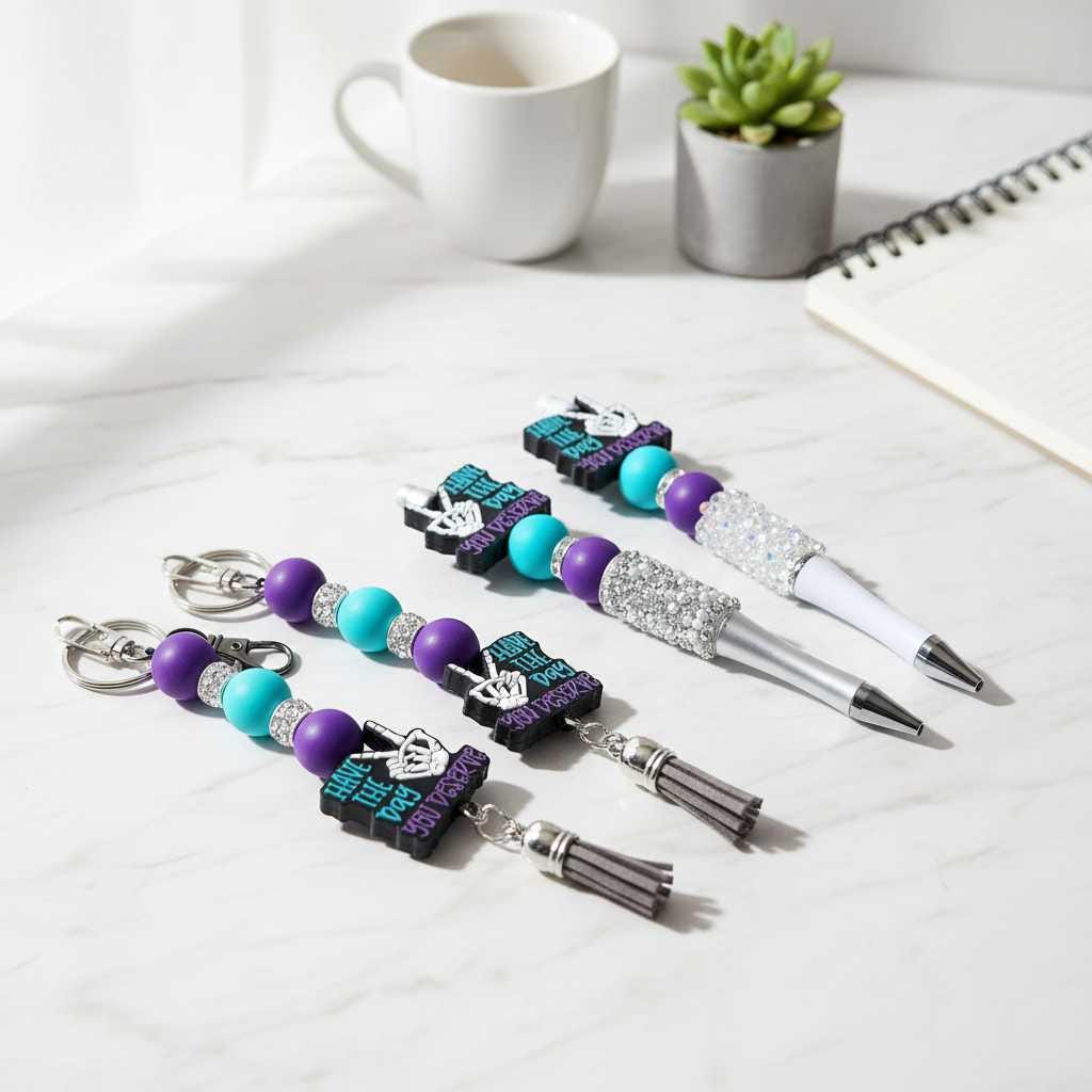 Purple and Blue Beaded Pen & Keychain Gift Set