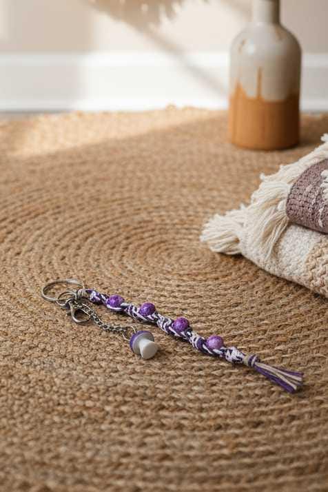 Handmade Hemp Keychain with Purple Mushroom Bead | Boho Beaded Keychain | Cottagecore Bag Charm | Nature Inspired Gift | Glass Bead Keyring