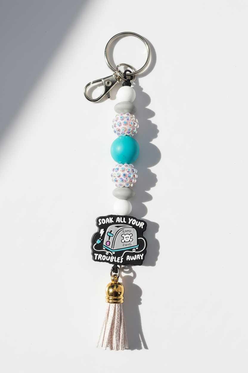 Gray Purple and blue Toaster Soak All Your Troubles Away Beaded Keychain