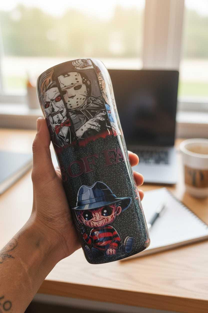 The Boys of Fall Horror Movie Tumbler | 20oz Glitter Epoxy Stainless Steel Cup | Spooky Season Drinkware Gift