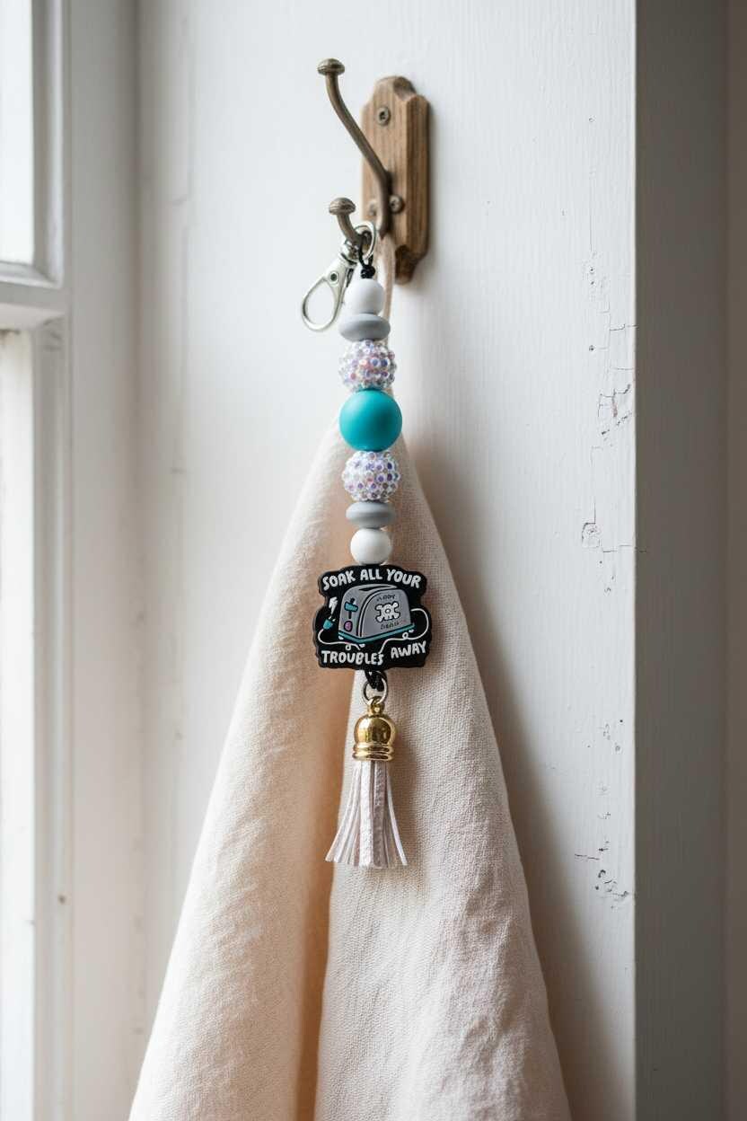 Gray Purple and blue Toaster Soak All Your Troubles Away Beaded Keychain