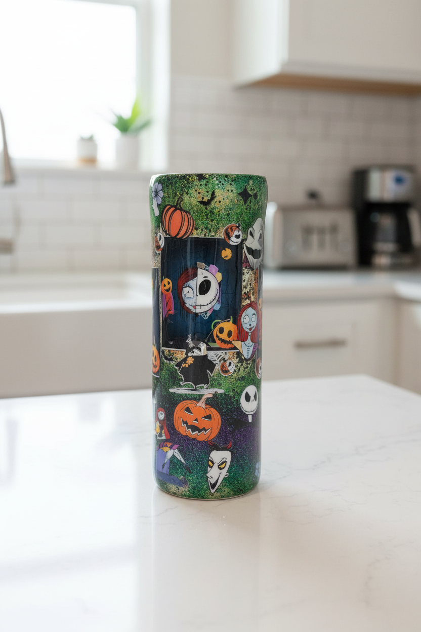 Green, Orange & Purple Halloween Epoxy Tumbler – 20oz Glitter Leopard Print Stainless Steel Cup | Spooky Fall Drinkware | Handmade Halloween Gift