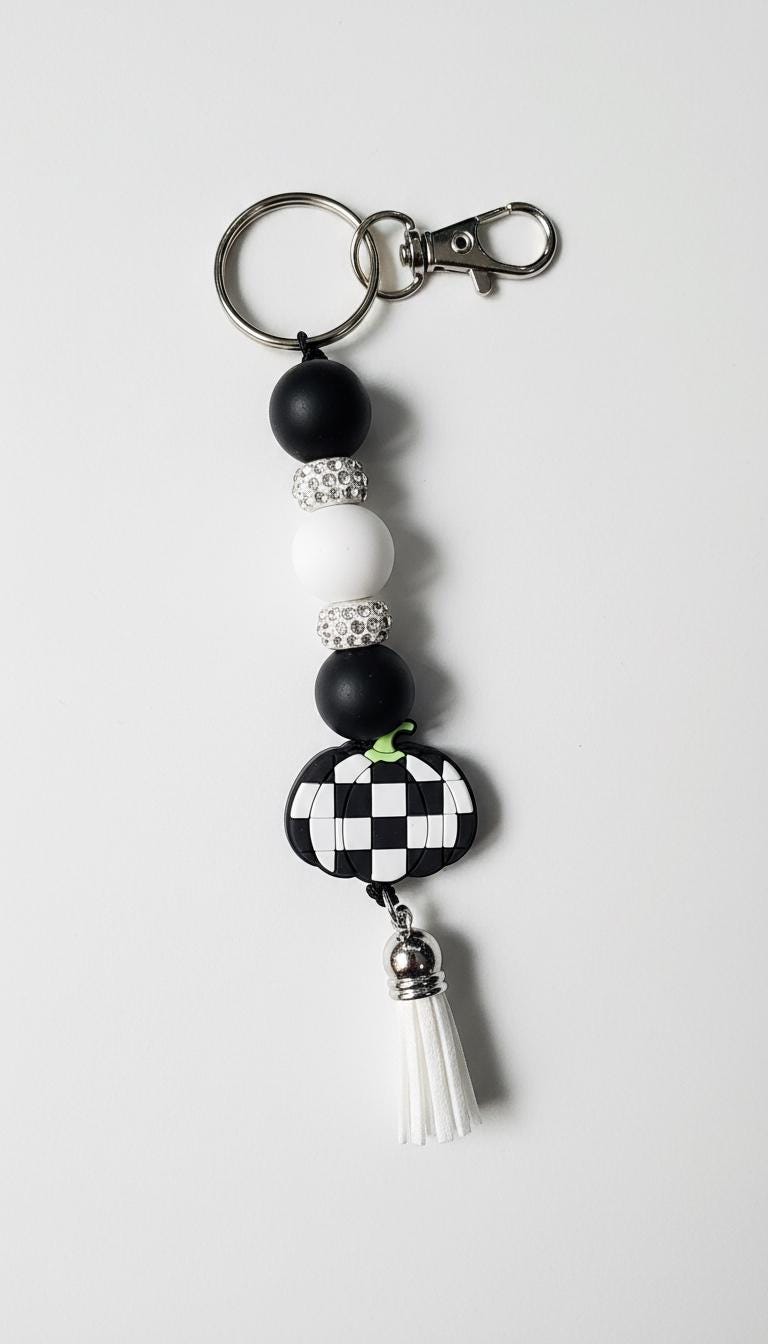 Handmade Black & White Checkered Pumpkin Keychain | Fall Beaded Keychain | Farmhouse Pumpkin Bag Charm | Halloween Key Ring | Autumn Purse Accessory | Cute Pumpkin Gift