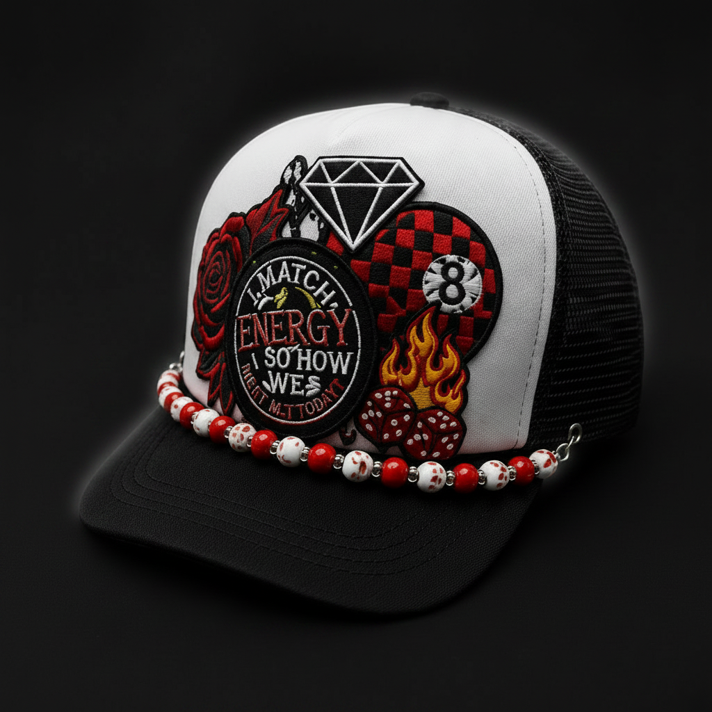 I Match Energy So How We Gon Act Today Trucker Hat | Handmade Patchwork Snapback Hat with Hat Chain