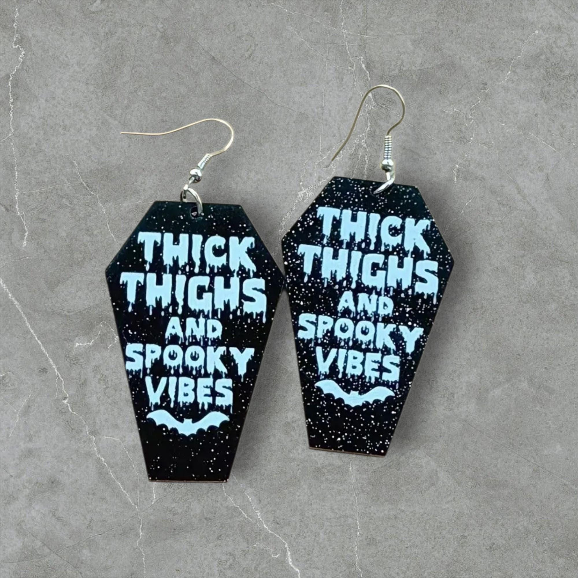 Coffin Halloween Earrings: Thick Thighs Spooky Vibes, Black Acrylic
